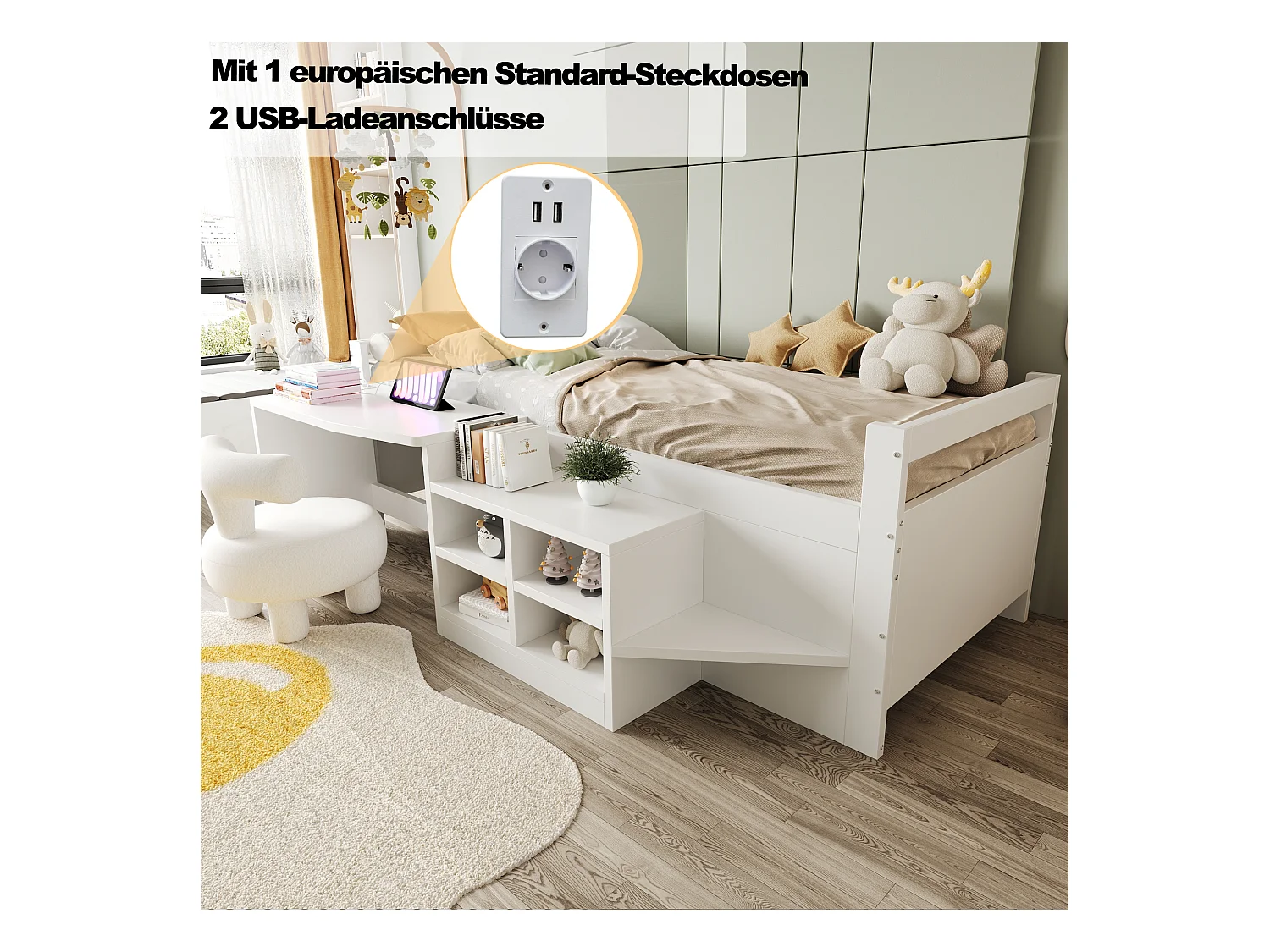 Lit enfant - 90 x 200 cm - avec rangements + bureau avec prises - bois - blanc