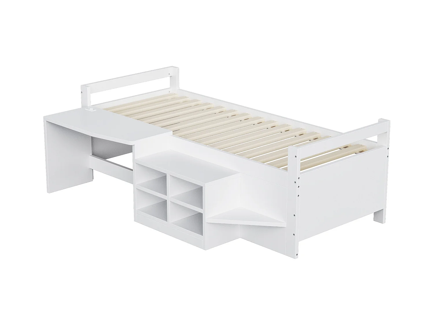 Lit enfant - 90 x 200 cm - avec rangements + bureau avec prises - bois - blanc