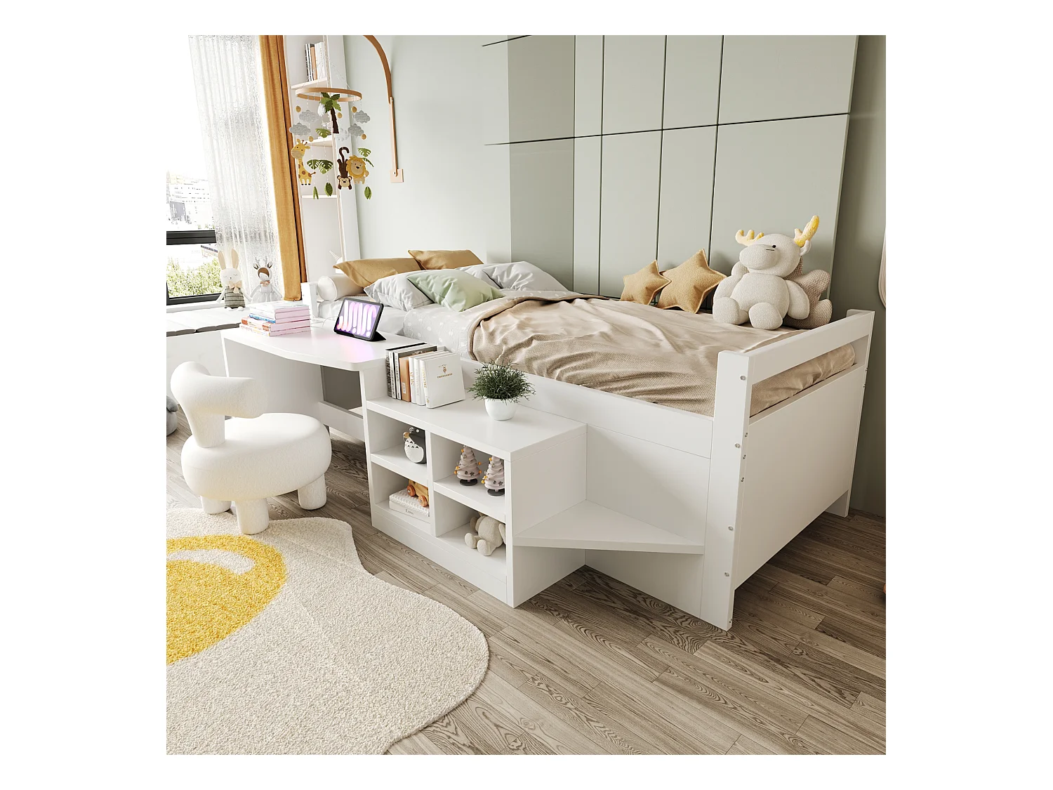 Kinderbett - 90 x 200 cm - mit Stauraum + Schreibtisch mit Steckdosen - Holz - weiß