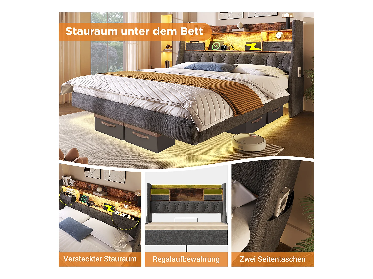 Lit rembourré moderne - 160 x 200 cm - avec Leds + station de charge + tête de lit de rangement - lin - gris(avec matelas)