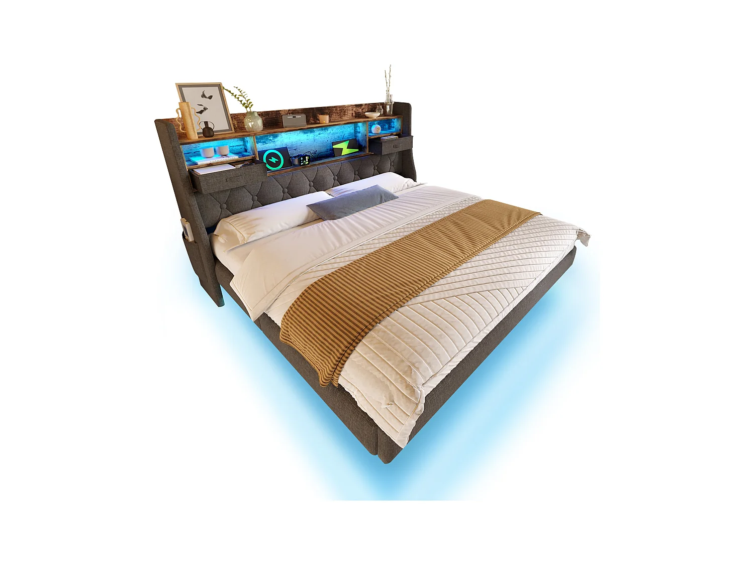 Lit rembourré moderne - 160 x 200 cm - avec Leds + station de charge + tête de lit de rangement - lin - gris(avec matelas)