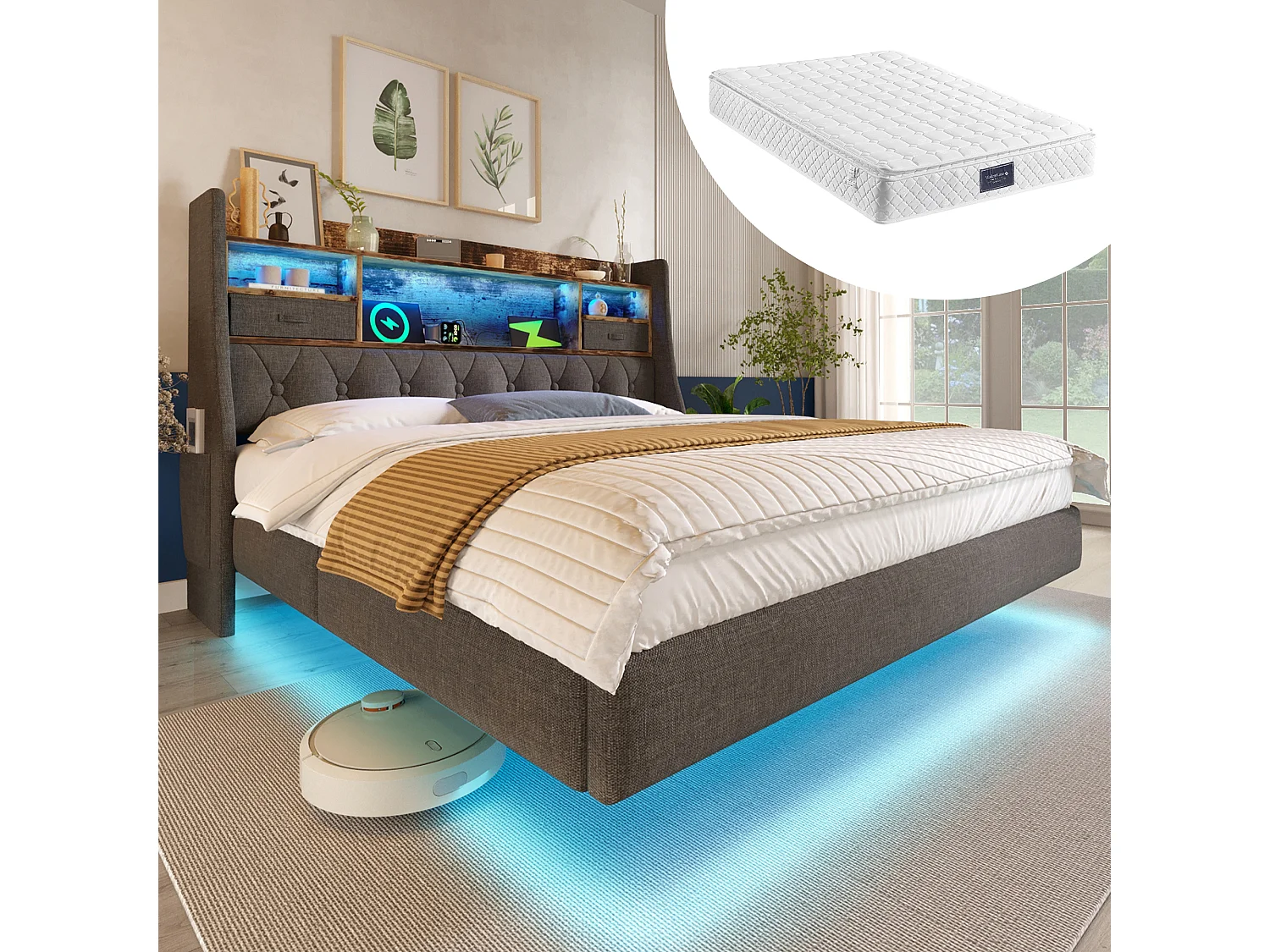 Lit rembourré moderne - 160 x 200 cm - avec Leds + station de charge + tête de lit de rangement - lin - gris(avec matelas)