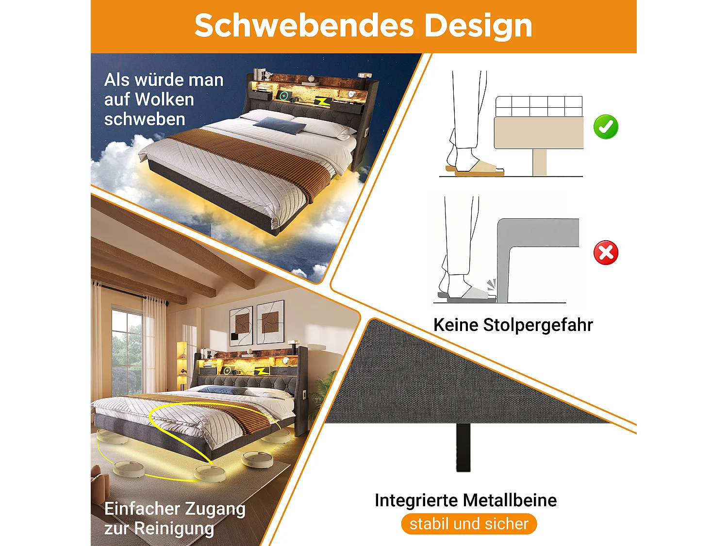 Lit rembourré moderne - 160 x 200 cm - avec Leds + station de charge + tête de lit de rangement - lin - gris(avec matelas)