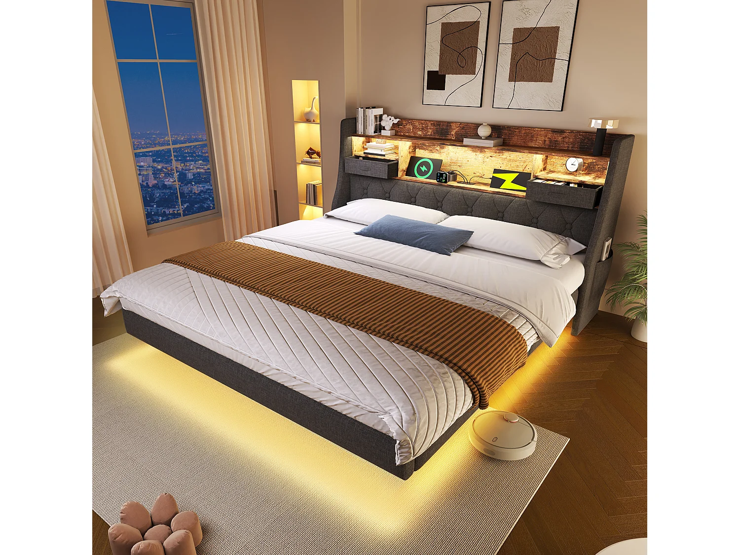 Lit rembourré moderne - 160 x 200 cm - avec Leds + station de charge + tête de lit de rangement - lin - gris(avec matelas)