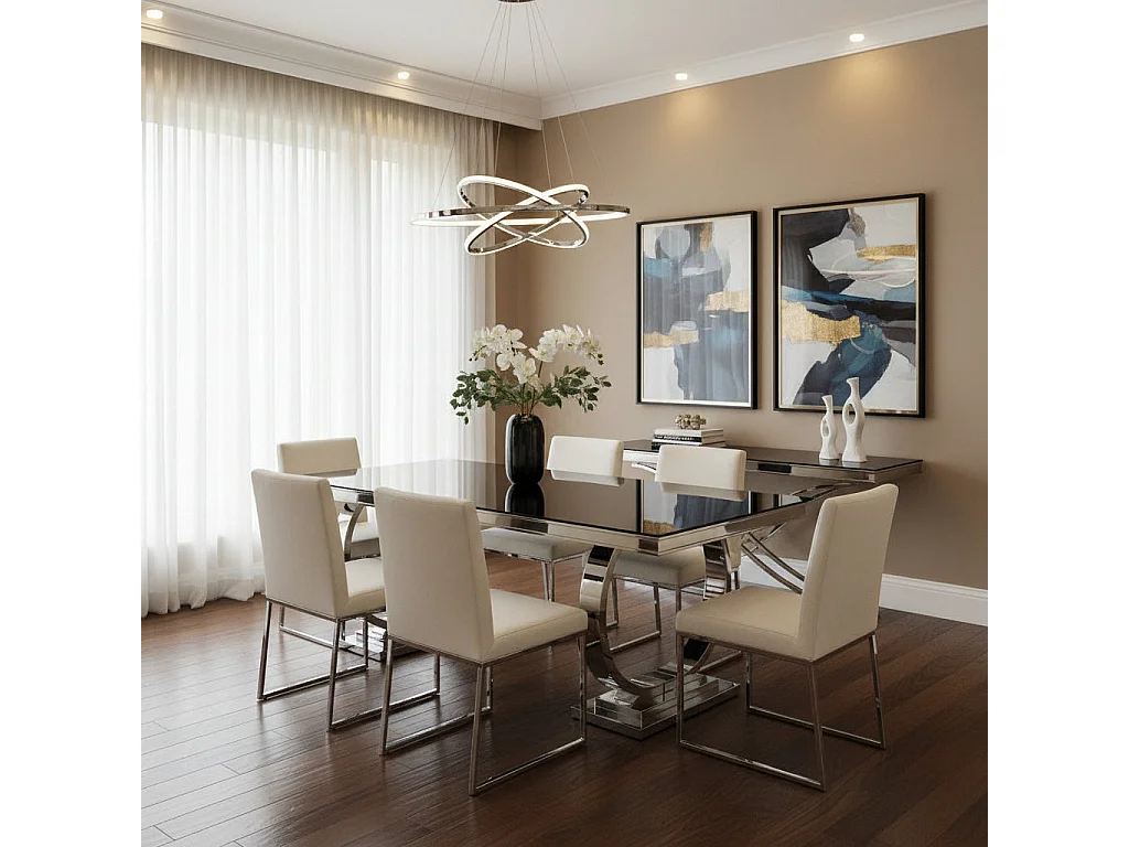 Table à Manger Rectangulaire Verre Noir & Acier Chrome – 180×90×75 cm – 6/8 Personnes – OMEGA