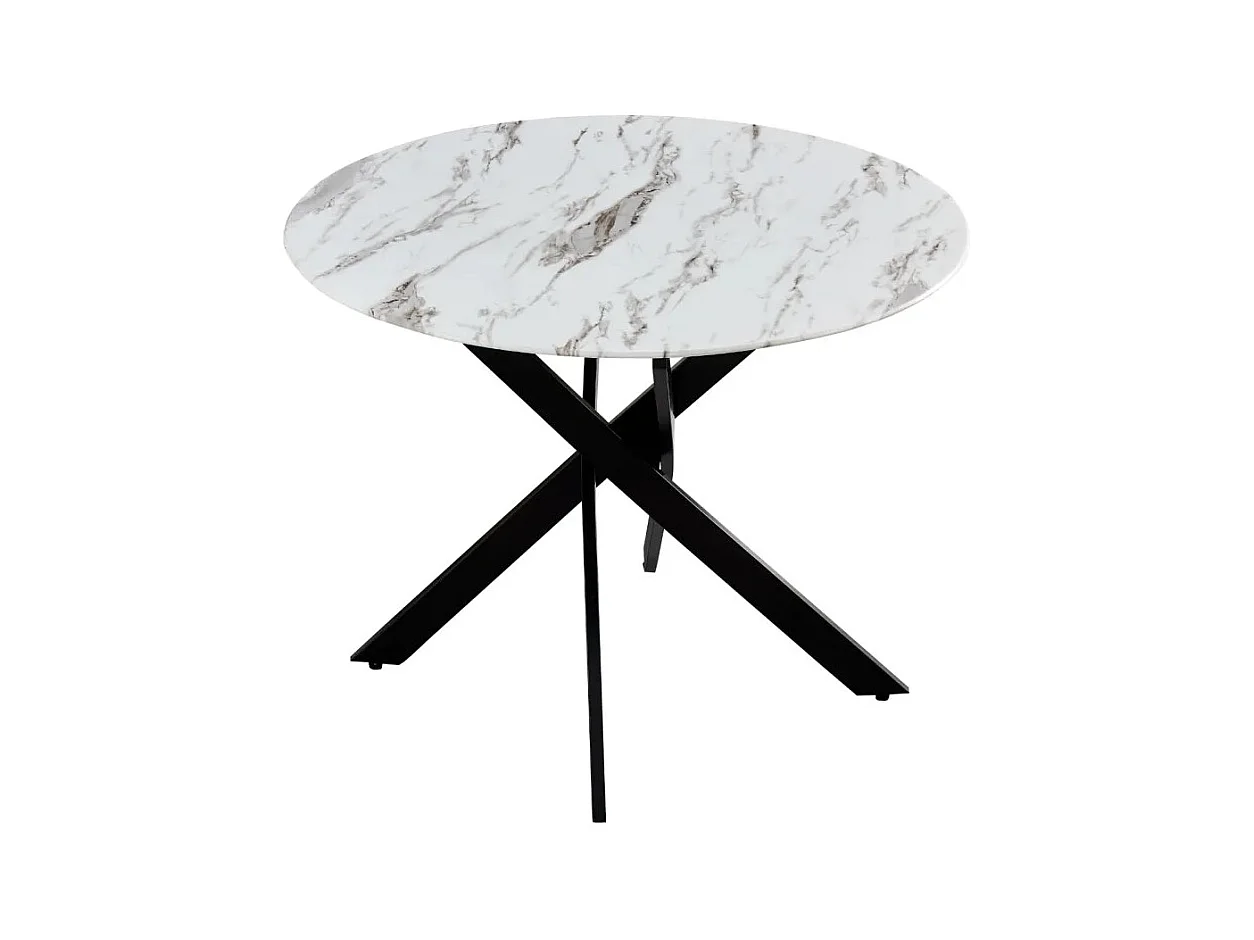 Table à manger ronde JESSICA en MARBRE BLANC pieds Métal noir 100 cm 4 couverts