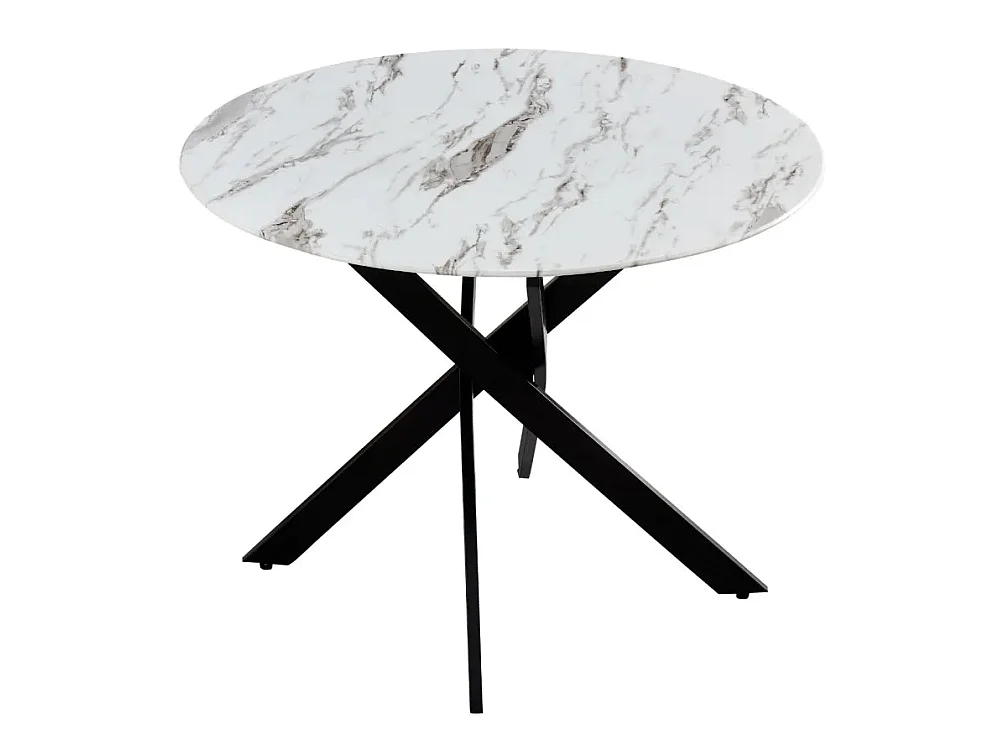 Table à manger ronde JESSICA en MARBRE BLANC pieds Métal noir 100 cm 4 couverts
