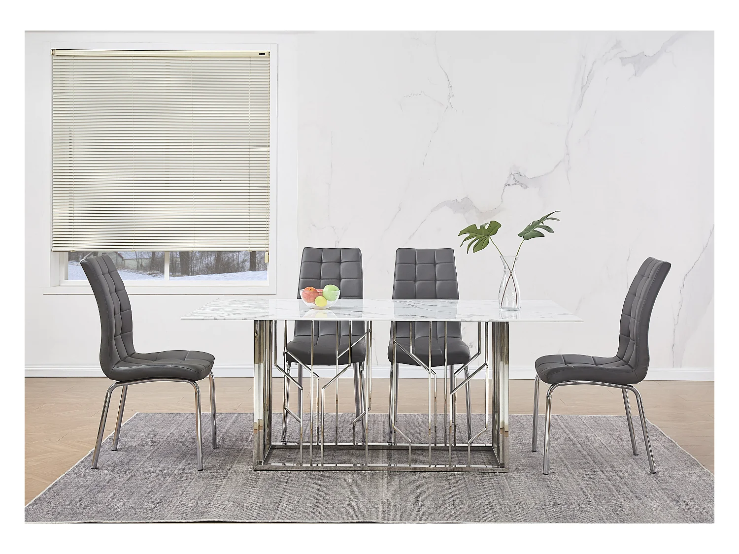 Table à Manger PORTOFINO – Chrome & Verre Marbre Blanc – 180x90x75 cm