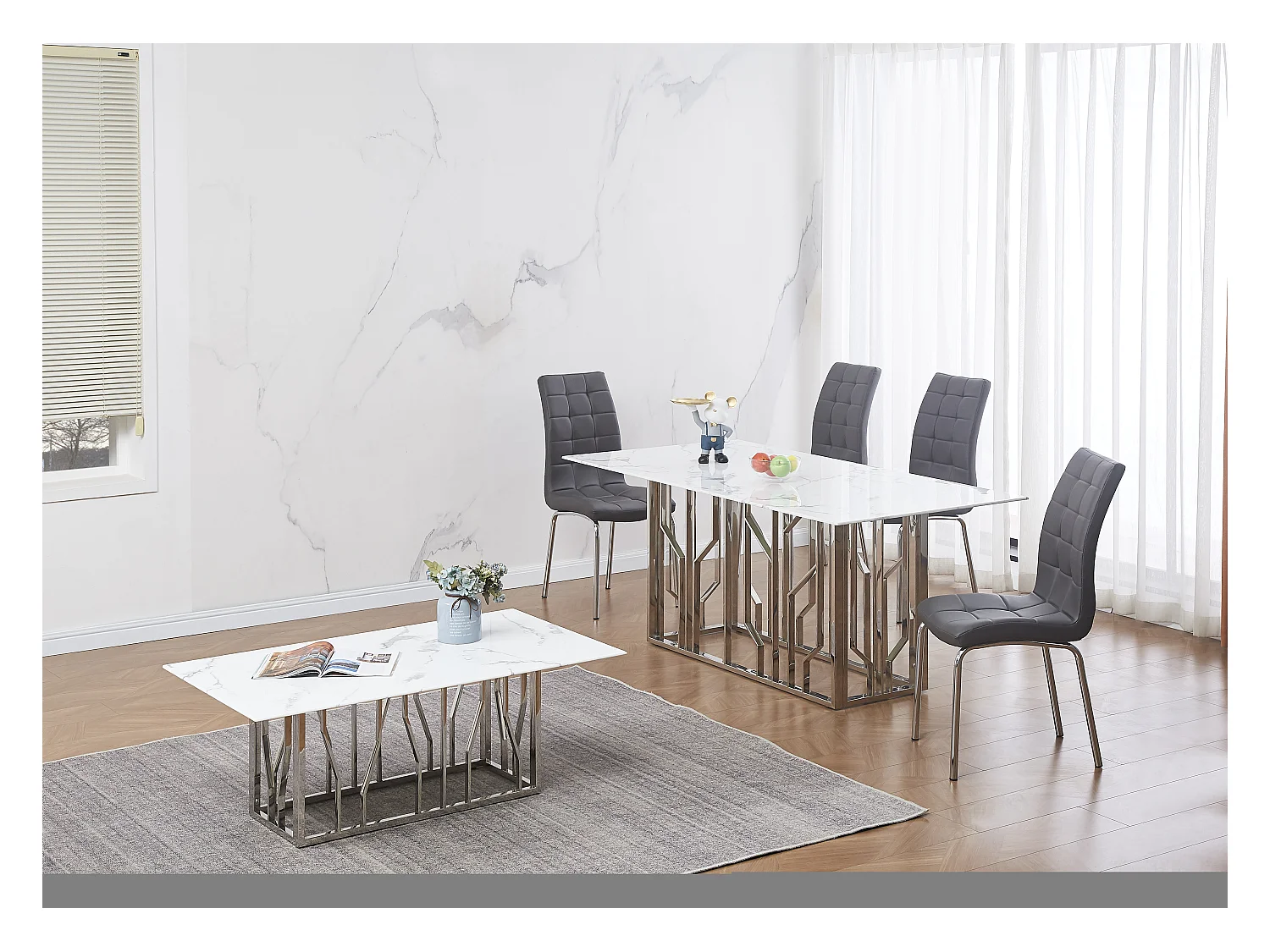 Table à Manger PORTOFINO – Chrome & Verre Marbre Blanc – 180x90x75 cm