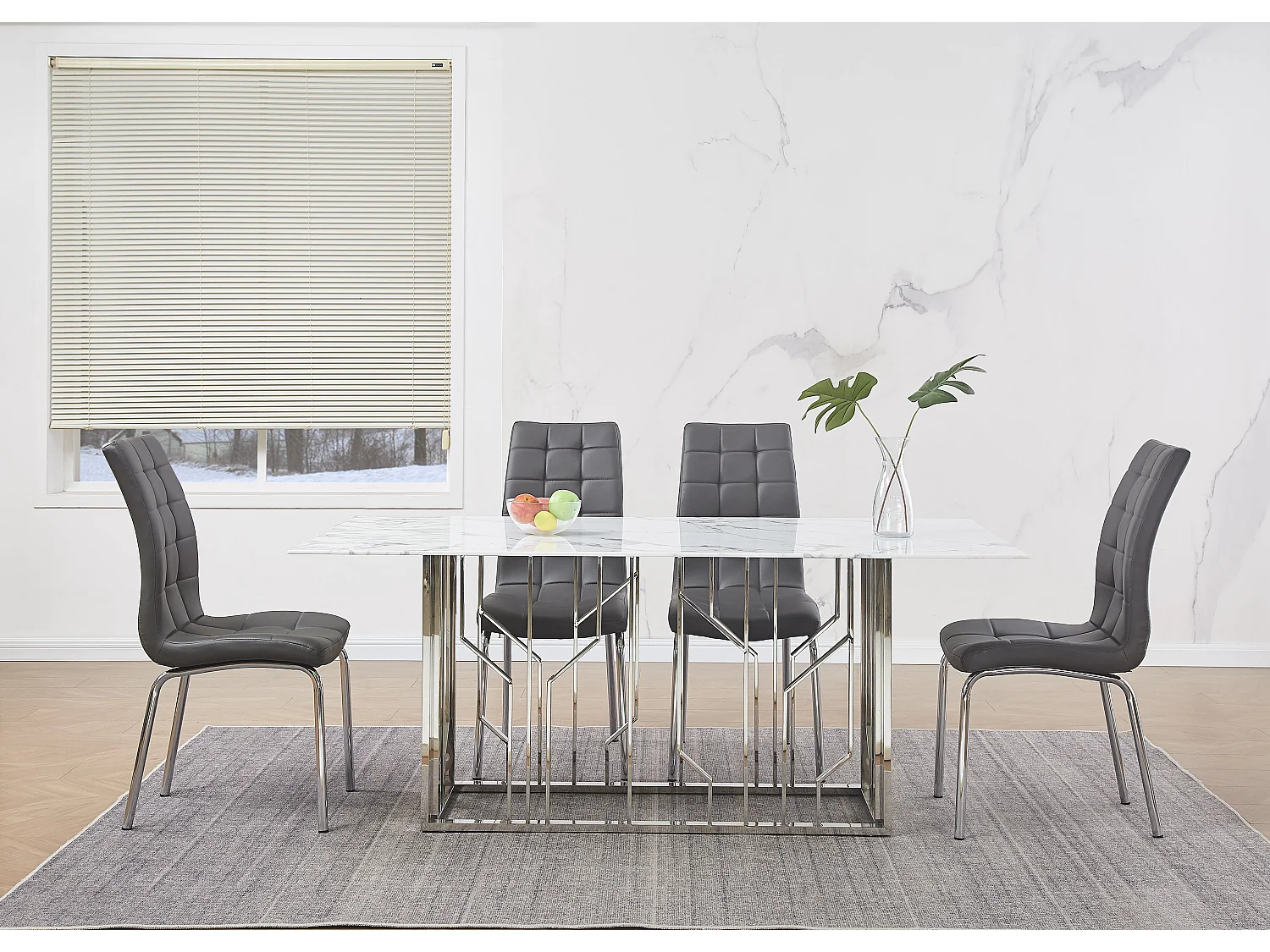 Table à Manger PORTOFINO – Chrome & Verre Marbre Blanc – 180x90x75 cm