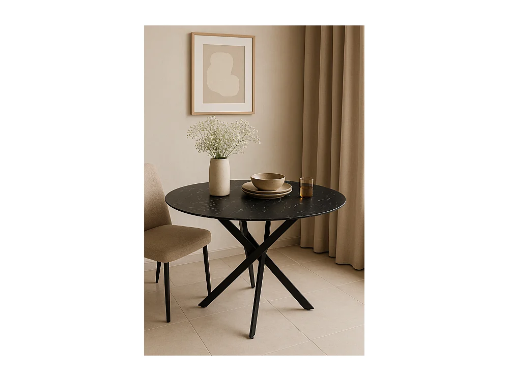 Table à manger ronde MARBRE NOIR JESSICA Métal noir 100 cm 4 couverts