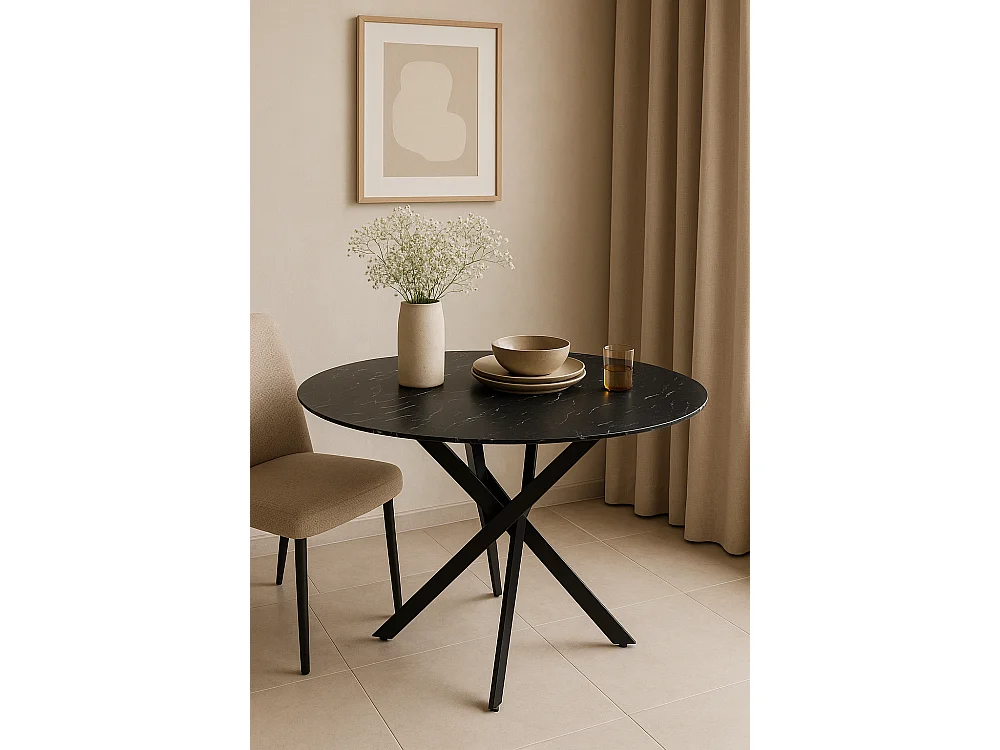 Table à manger ronde MARBRE NOIR JESSICA Métal noir 100 cm 4 couverts