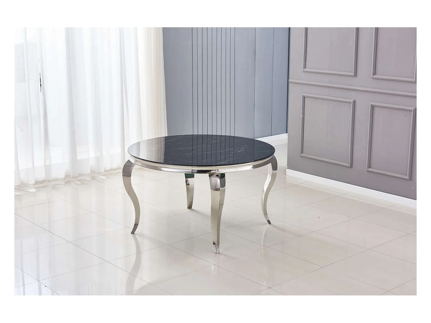 Table à manger ronde BAROQUE MARBRE NOIR pieds chrome  130x75 cm
