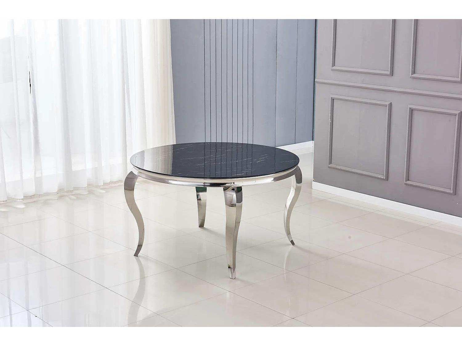 Table à manger ronde BAROQUE MARBRE NOIR pieds chrome  130x75 cm