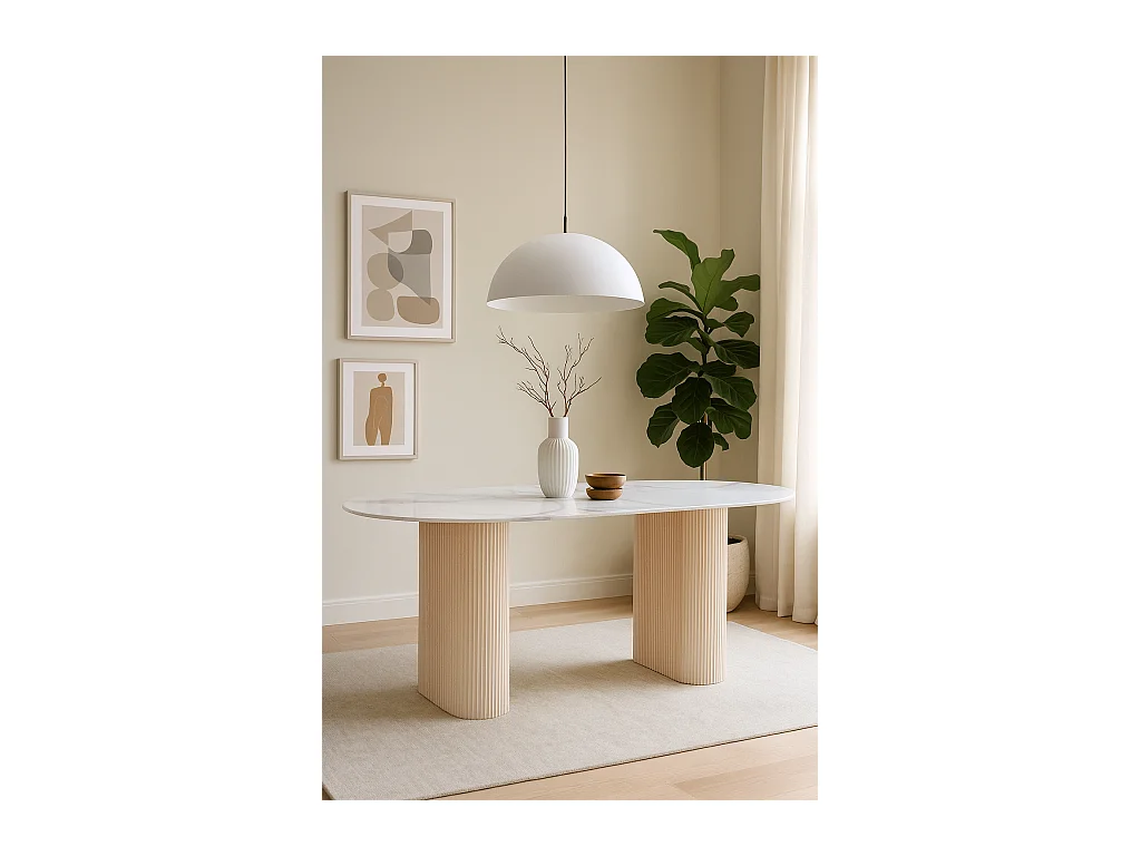 Table à manger ROXY Céramique Pied métal Effet Travertin Beige 160x90x75 cm