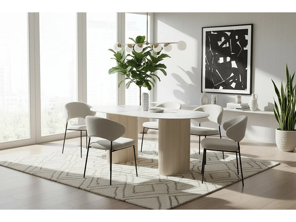 Table à manger céramique marbré blanc 160x90 cm pied travertin – ROXY
