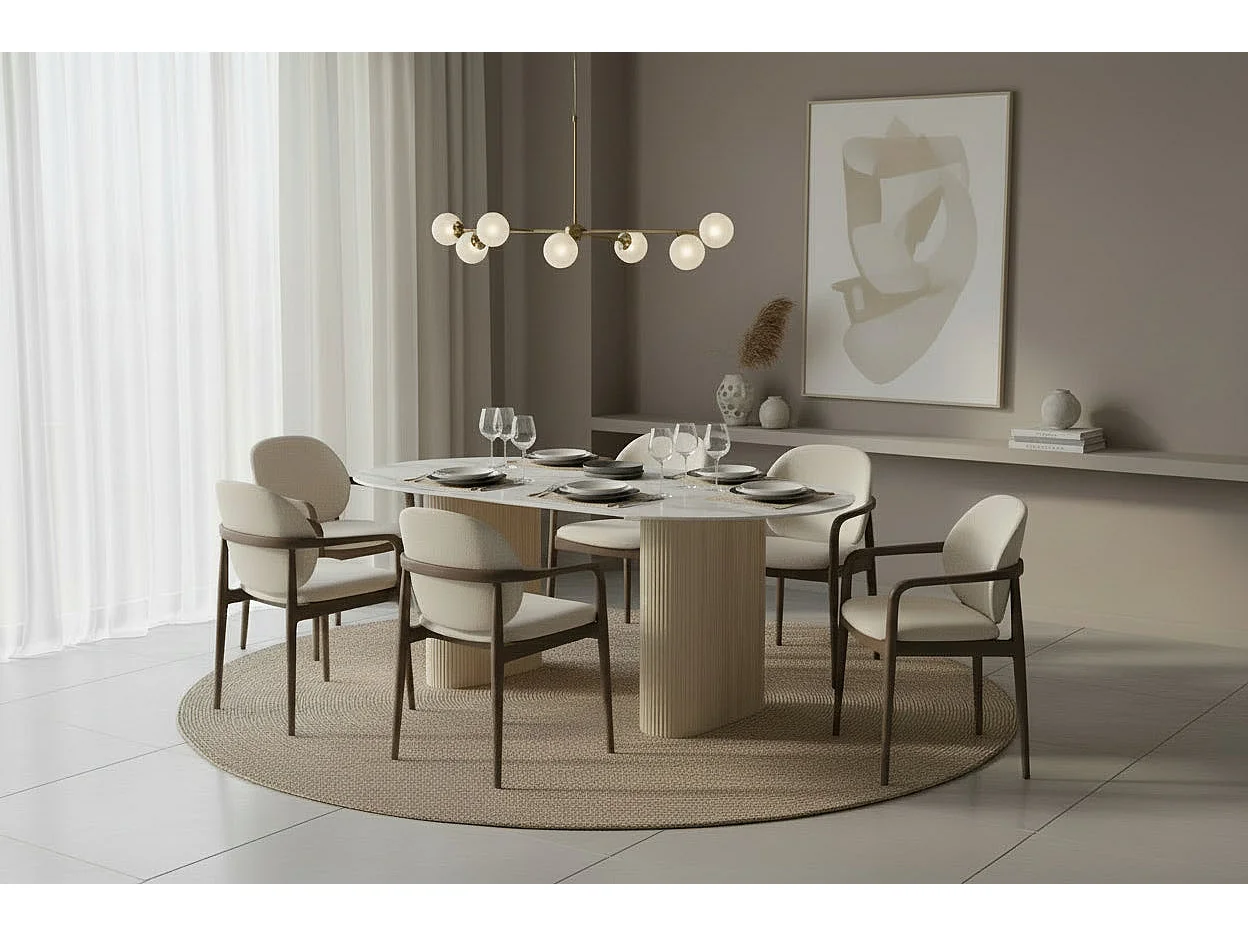 Table à manger céramique marbré blanc 160x90 cm pied travertin – ROXY