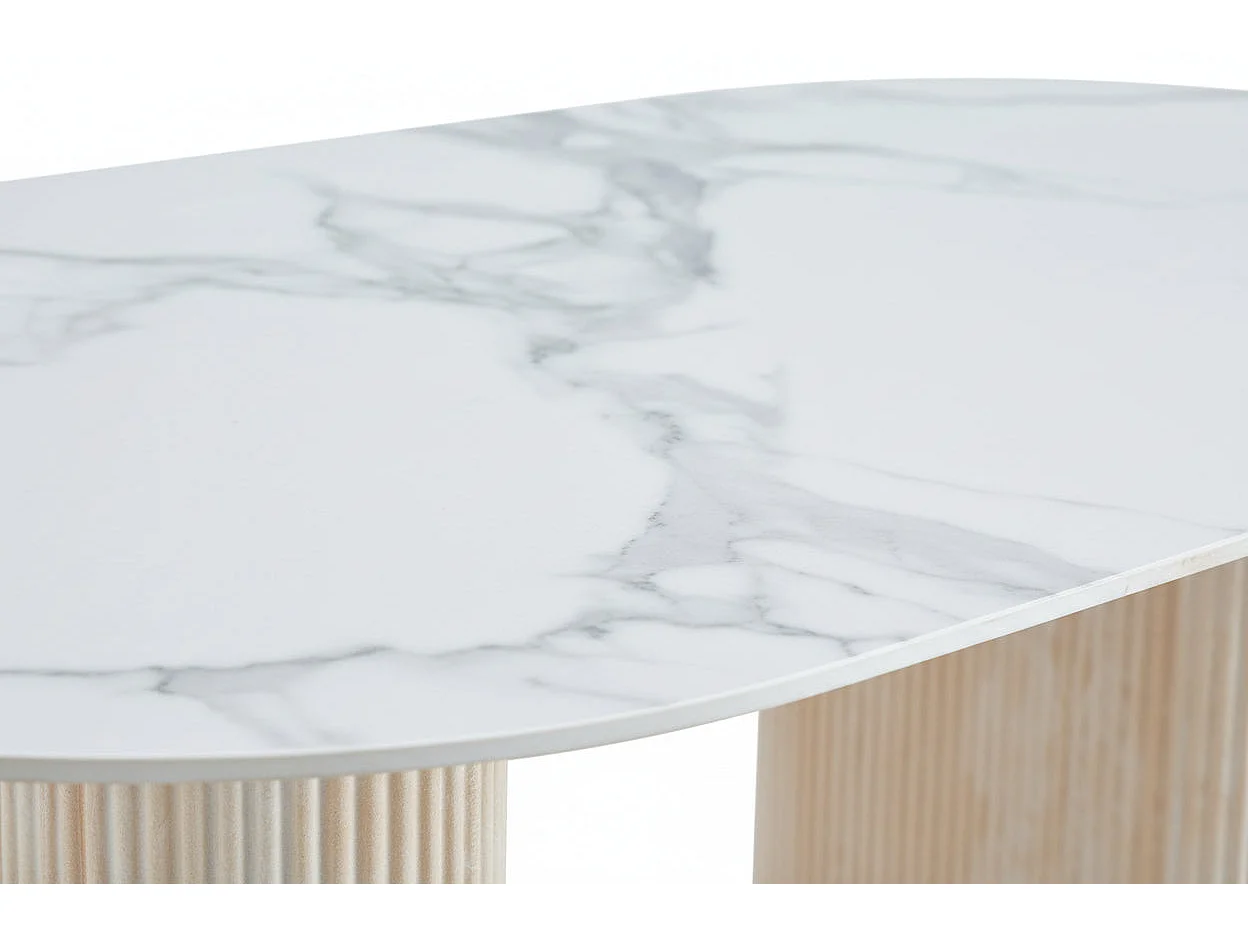 Table à manger céramique marbré blanc 160x90 cm pied travertin – ROXY