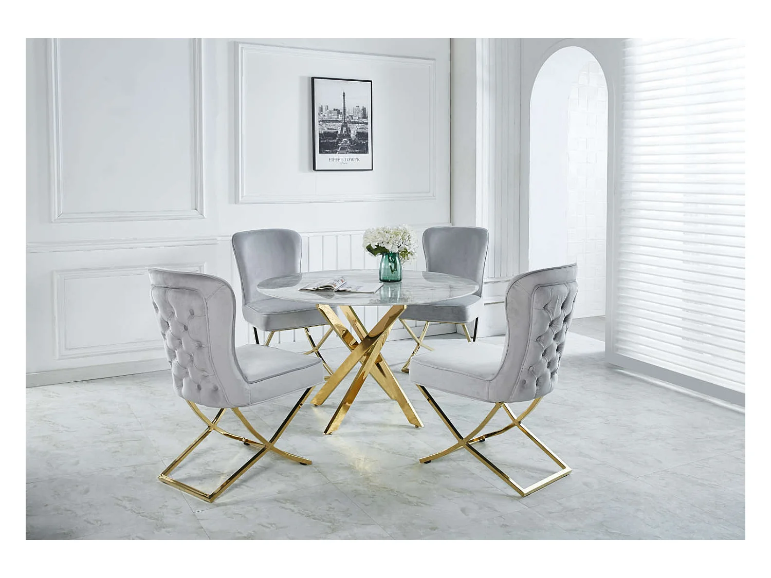 Table à manger ronde MARBRE GRIS JESSICA Gold 100 cm 4 couverts