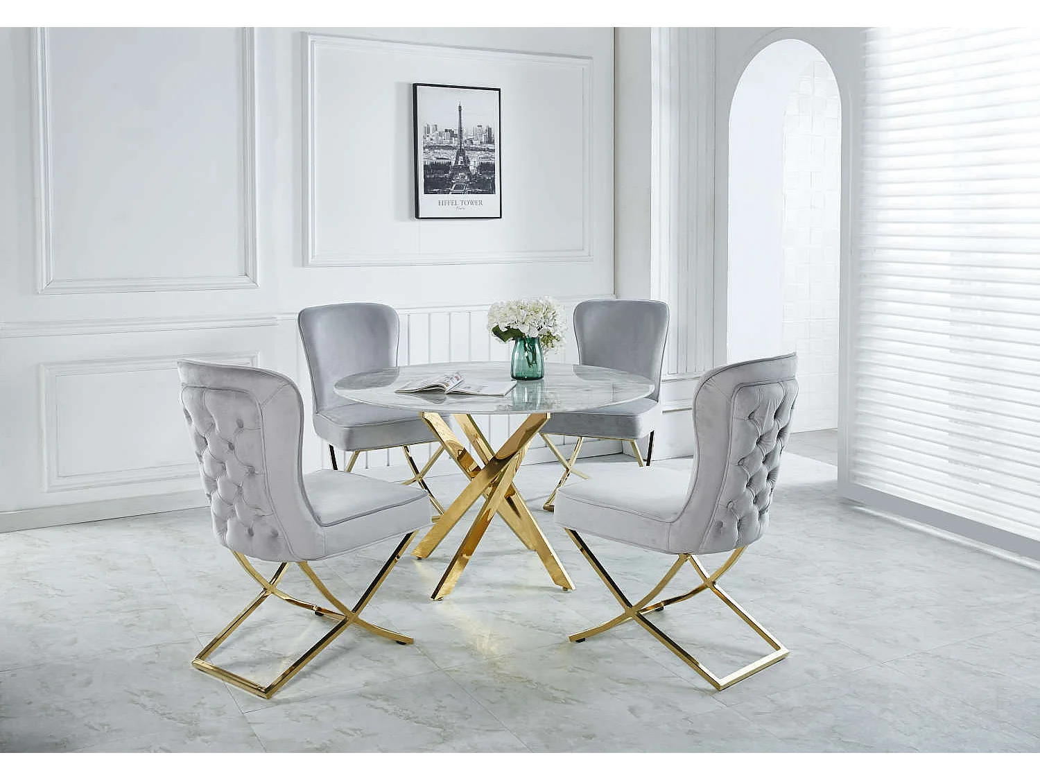 Table à manger ronde MARBRE GRIS JESSICA Gold 100 cm 4 couverts