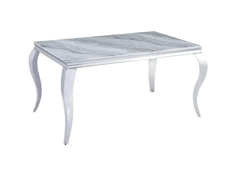 Table à manger BAROQUE 4 à 6 couverts pieds chrome plateau en verre 150x90 cm effet marbré greige