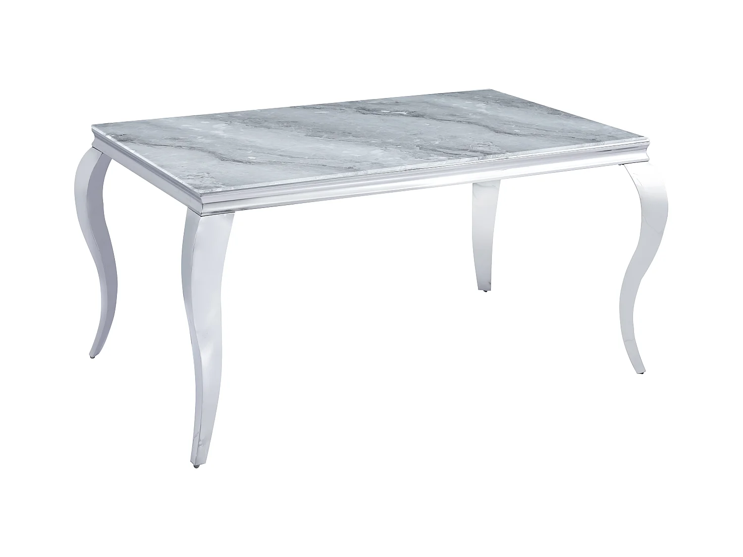 Table à manger BAROQUE 4 à 6 couverts pieds chrome plateau en verre 150x90 cm effet marbré greige