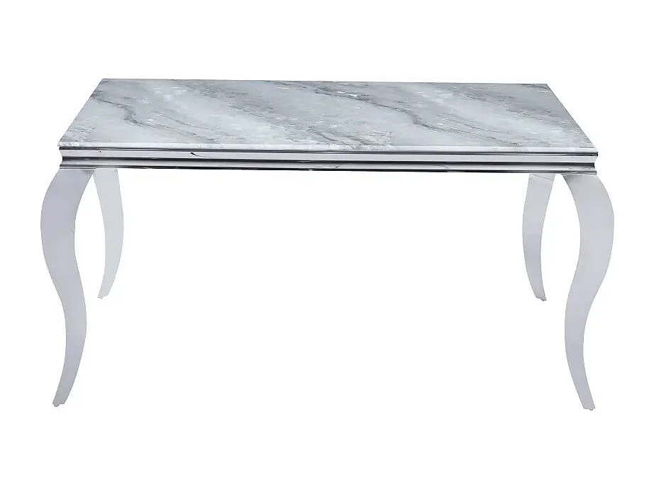 Table à manger BAROQUE 4 à 6 couverts pieds chrome plateau en verre 150x90 cm effet marbré greige