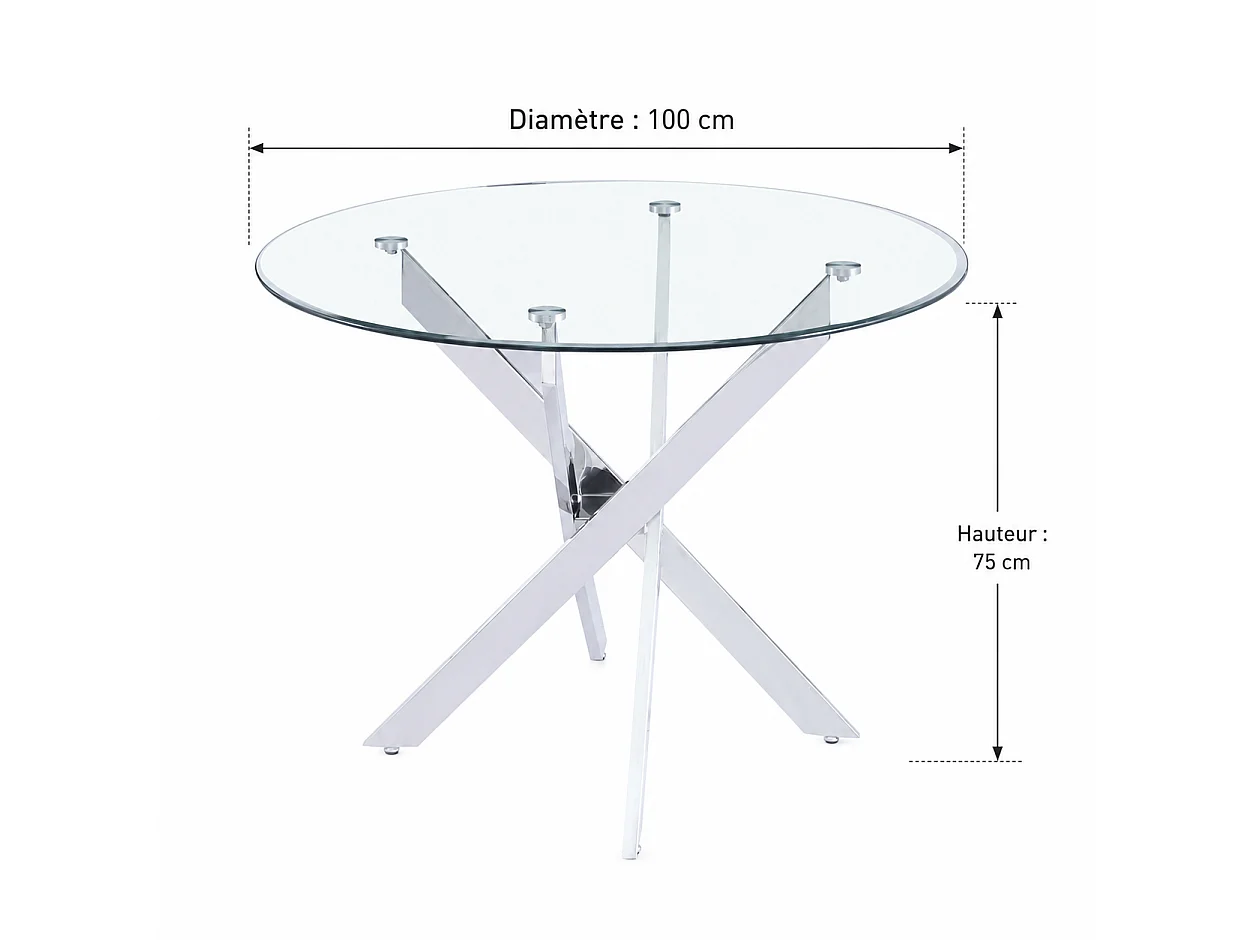 Table à manger ronde JESSICA TRANSPARENT chrome 100 cm 4 couverts