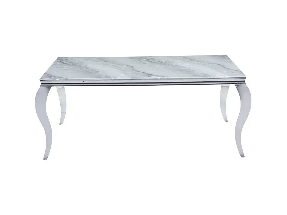 Table à manger BAROQUE 6 à 8 couverts pieds chrome plateau en verre 180x90 cm effet marbré greige
