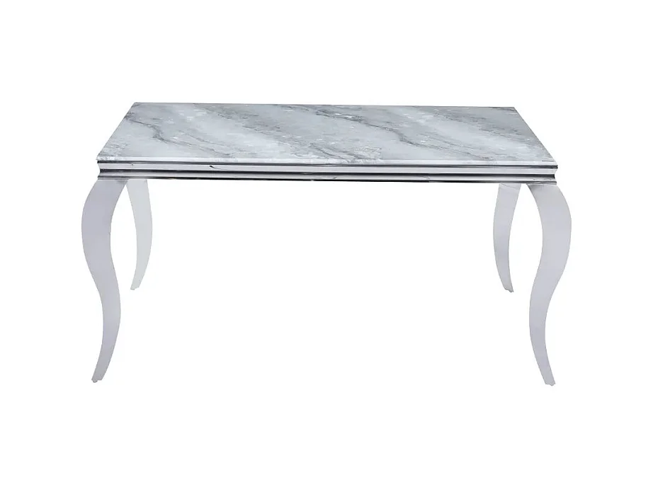 Table à manger BAROQUE 6 à 8 couverts pieds chrome plateau en verre 180x90 cm effet marbré greige