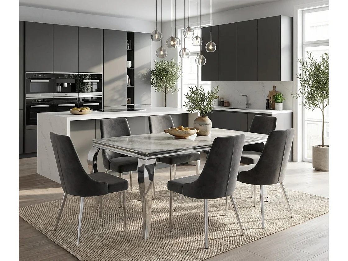 Table à manger verre effet marbré greige 180x90 cm 6-8 pers BAROQUE