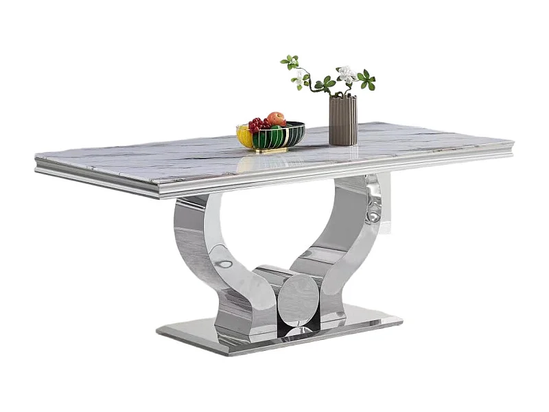 Table à manger TROFY 4 à 6 personnes 150x90 cm chrome plateau en verre effet marbré blanc