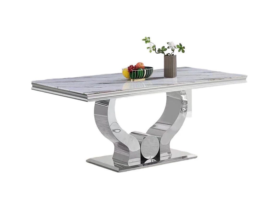 Table à manger TROFY 4 à 6 personnes 150x90 cm chrome plateau en verre effet marbré blanc