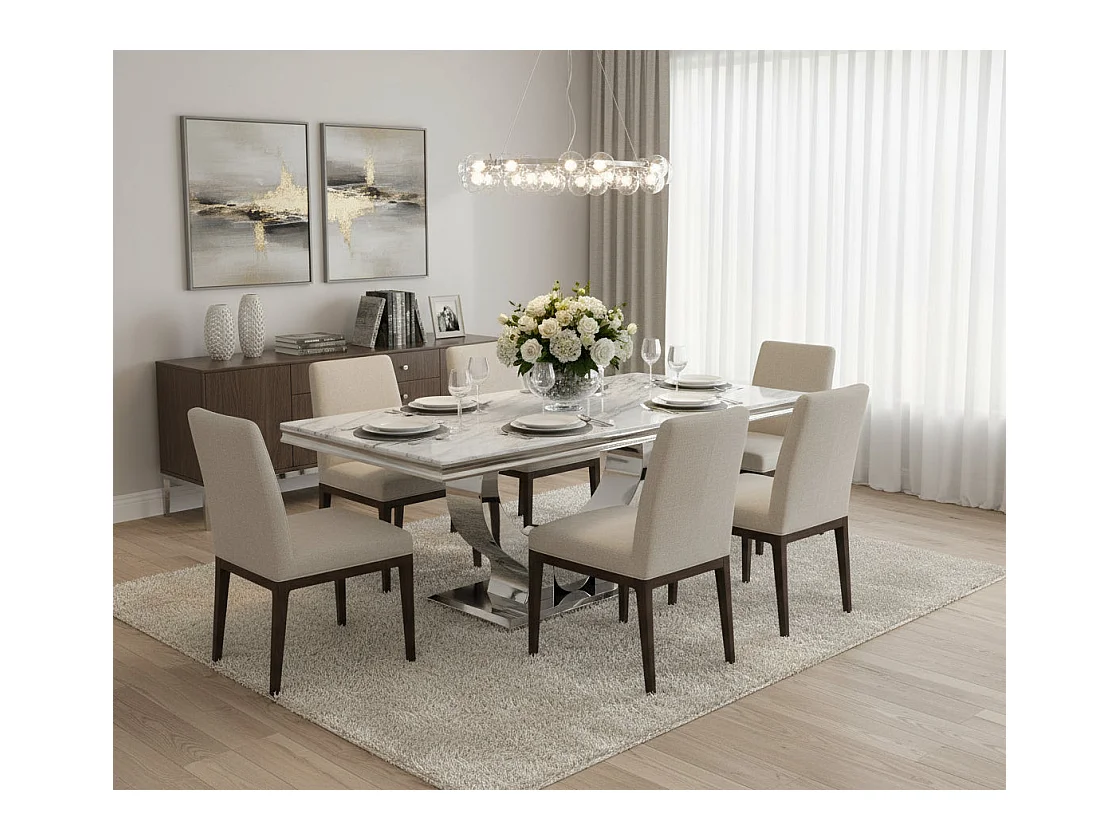 Table à manger TROFY 4 à 6 personnes 150x90 cm chrome plateau en verre effet marbré blanc