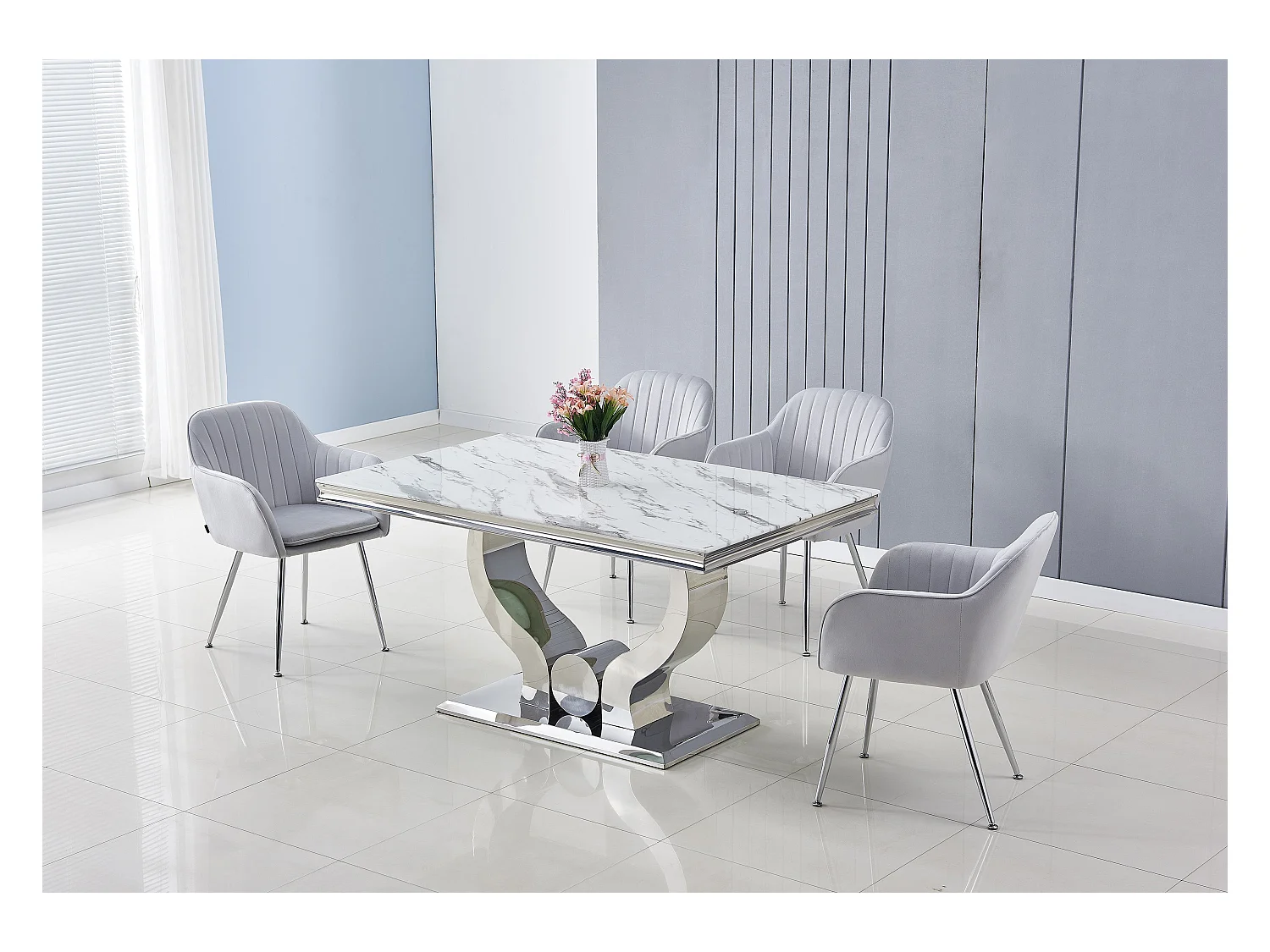 Table à manger TROFY 4 à 6 personnes 150x90 cm chrome plateau en verre effet marbré blanc