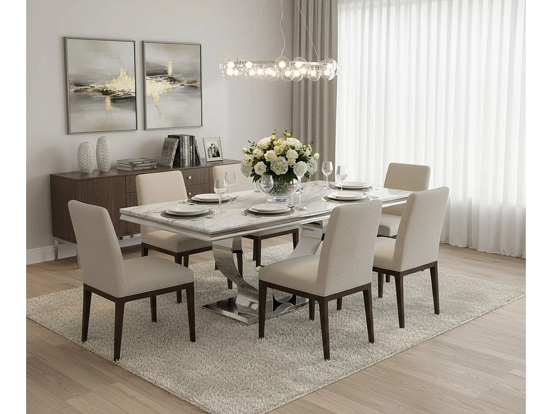 Table à manger TROFY 4 à 6 personnes 150x90 cm chrome plateau en verre effet marbré blanc