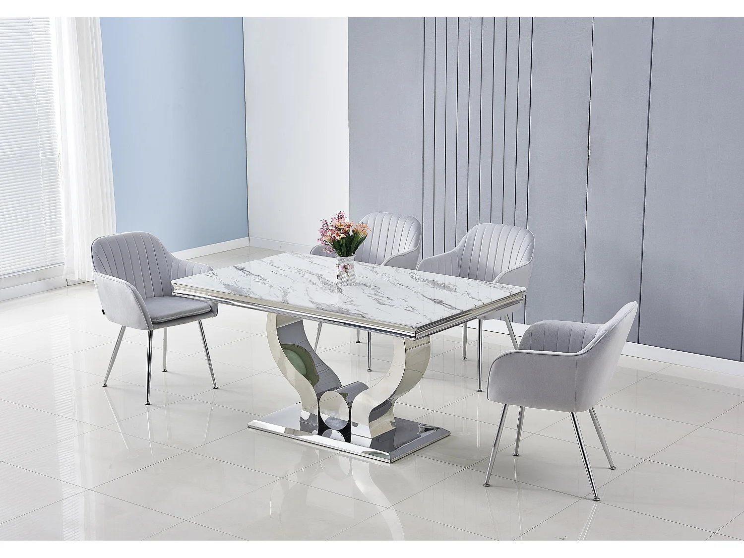 Table à manger TROFY 4 à 6 personnes 150x90 cm chrome plateau en verre effet marbré blanc