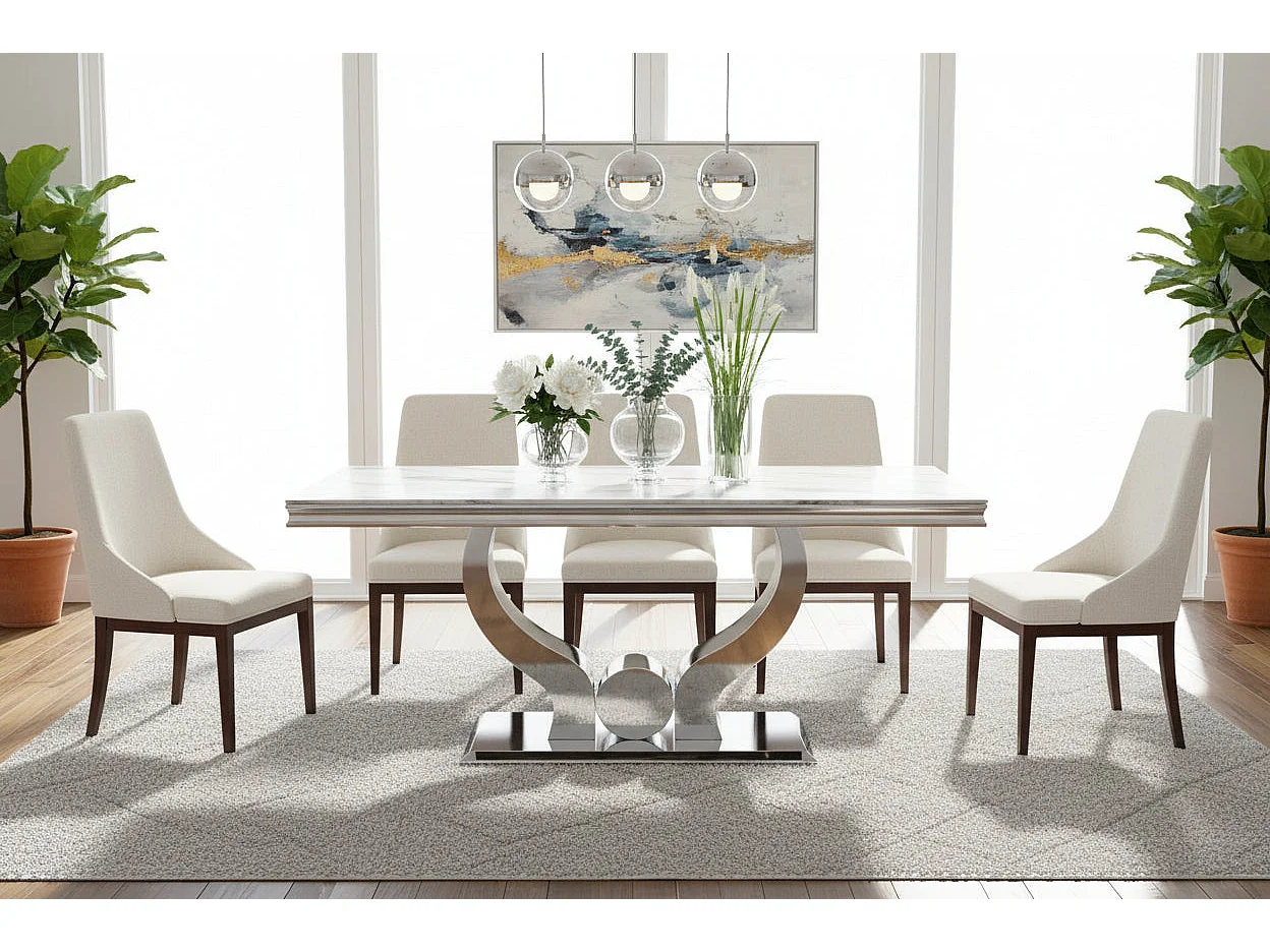 Table à manger verre marbré blanc pied métal chrome 150x90 cm TROFY