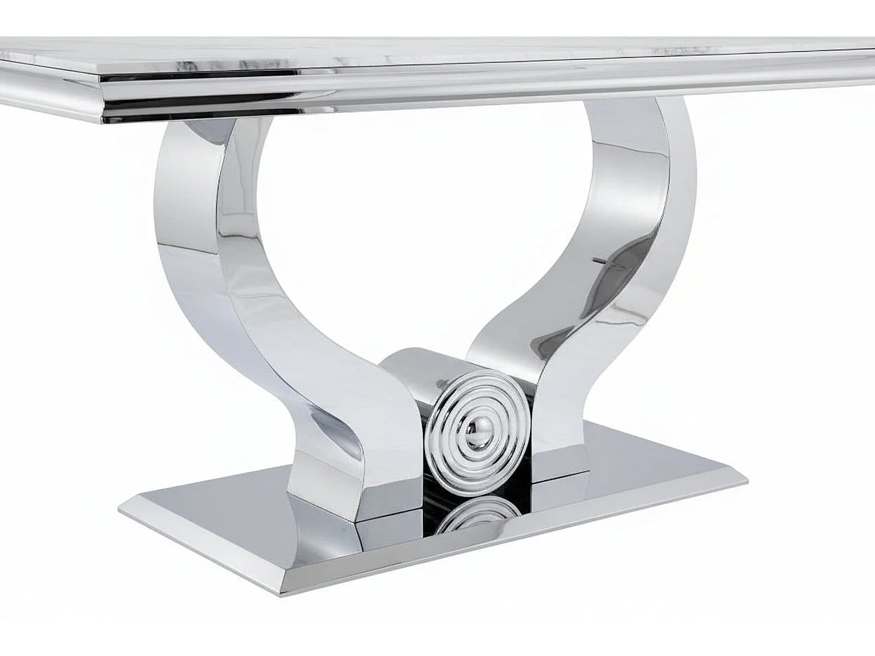 Table à manger verre marbré blanc pied métal chrome 150x90 cm TROFY