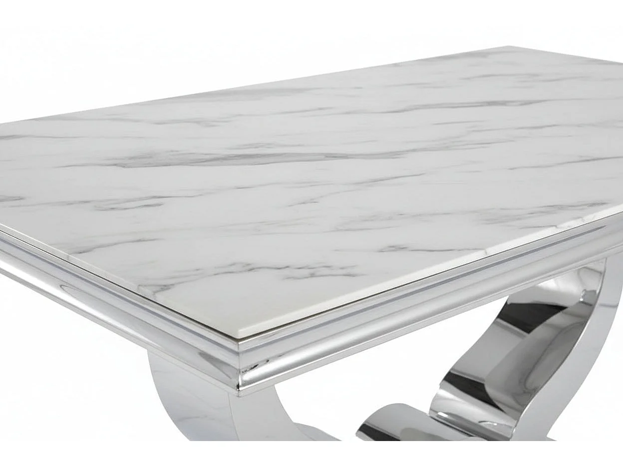 Table à manger verre marbré blanc pied métal chrome 150x90 cm TROFY