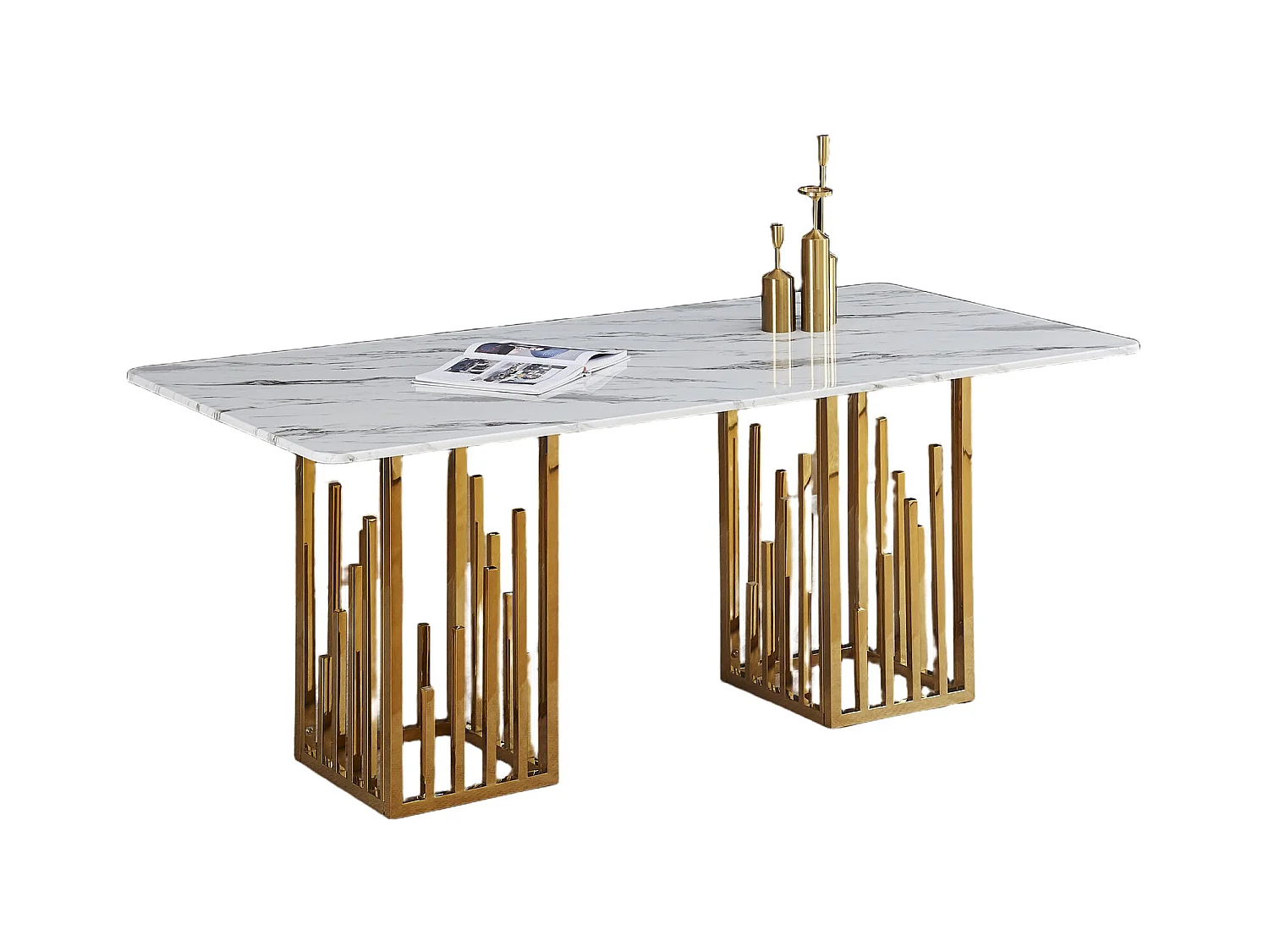 Table à Manger STALAX – Pied Gold & Pierre Marbre Blanc – 180x90x75 cm
