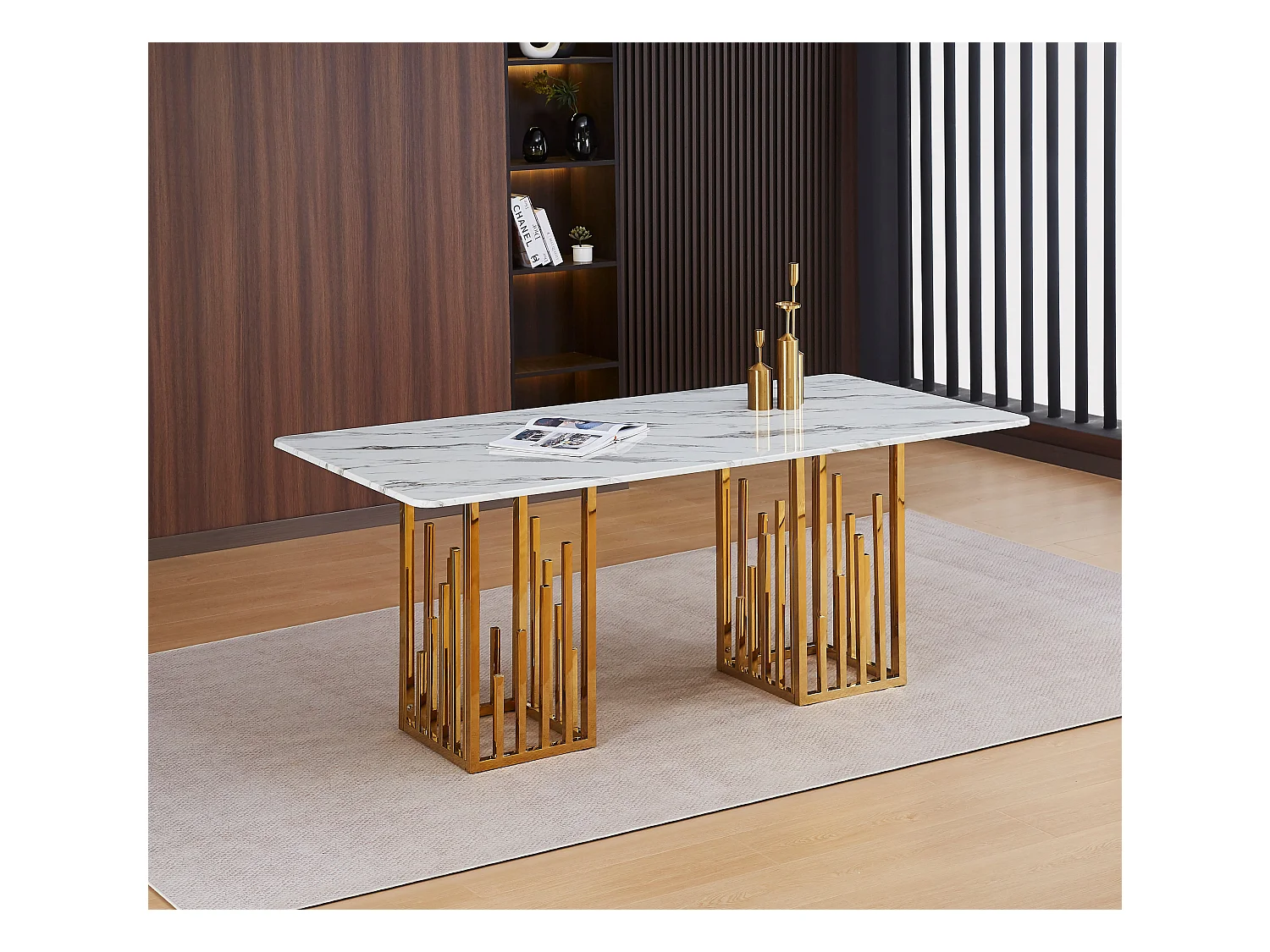 Table à Manger STALAX – Pied Gold & Pierre Marbre Blanc – 180x90x75 cm