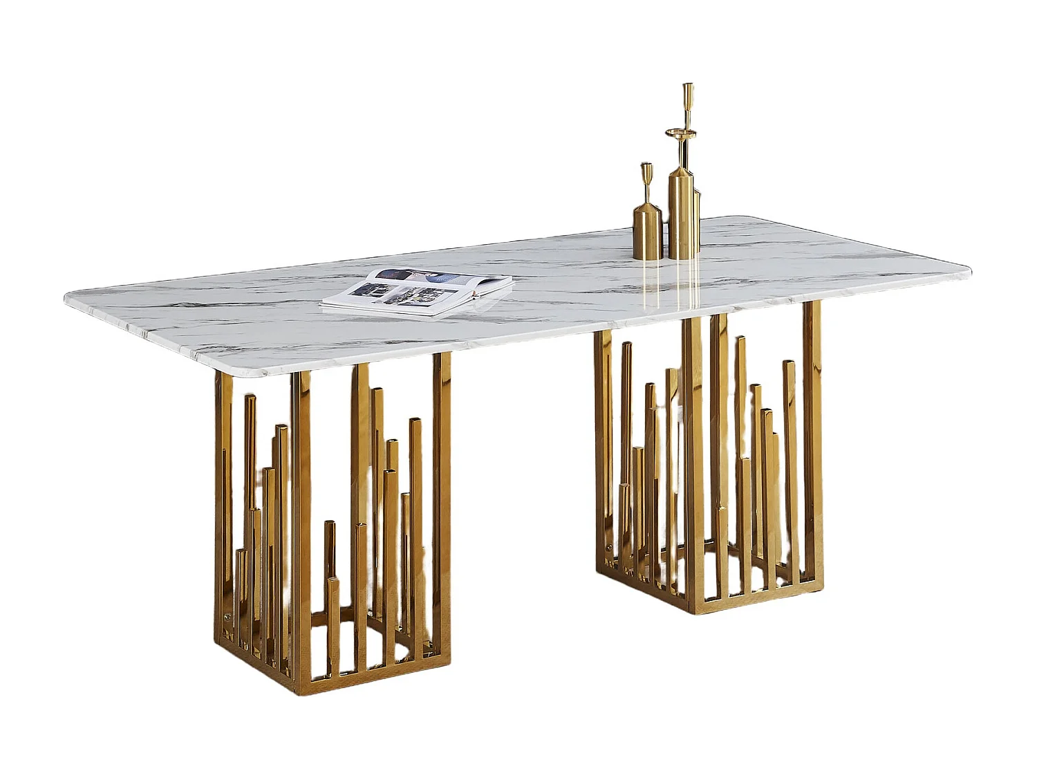 Table à Manger STALAX – Pied Gold & Pierre Marbre Blanc – 180x90x75 cm
