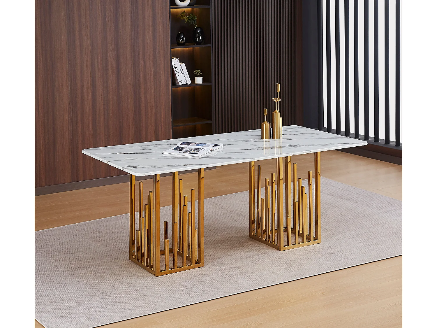 Table à Manger STALAX – Pied Gold & Pierre Marbre Blanc – 180x90x75 cm