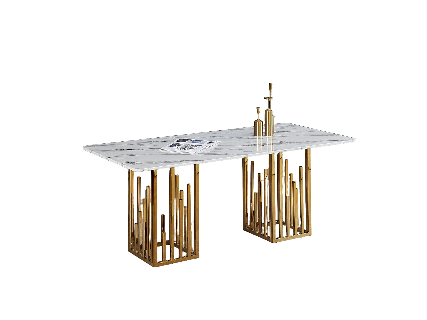 Table à Manger STALAX – Pied Gold & Pierre Marbre Blanc – 180x90x75 cm