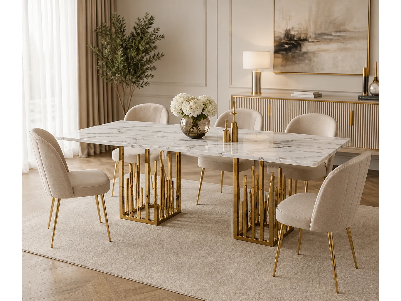 Table à Manger STALAX – Pied Gold & Pierre Marbre Blanc – 180x90x75 cm