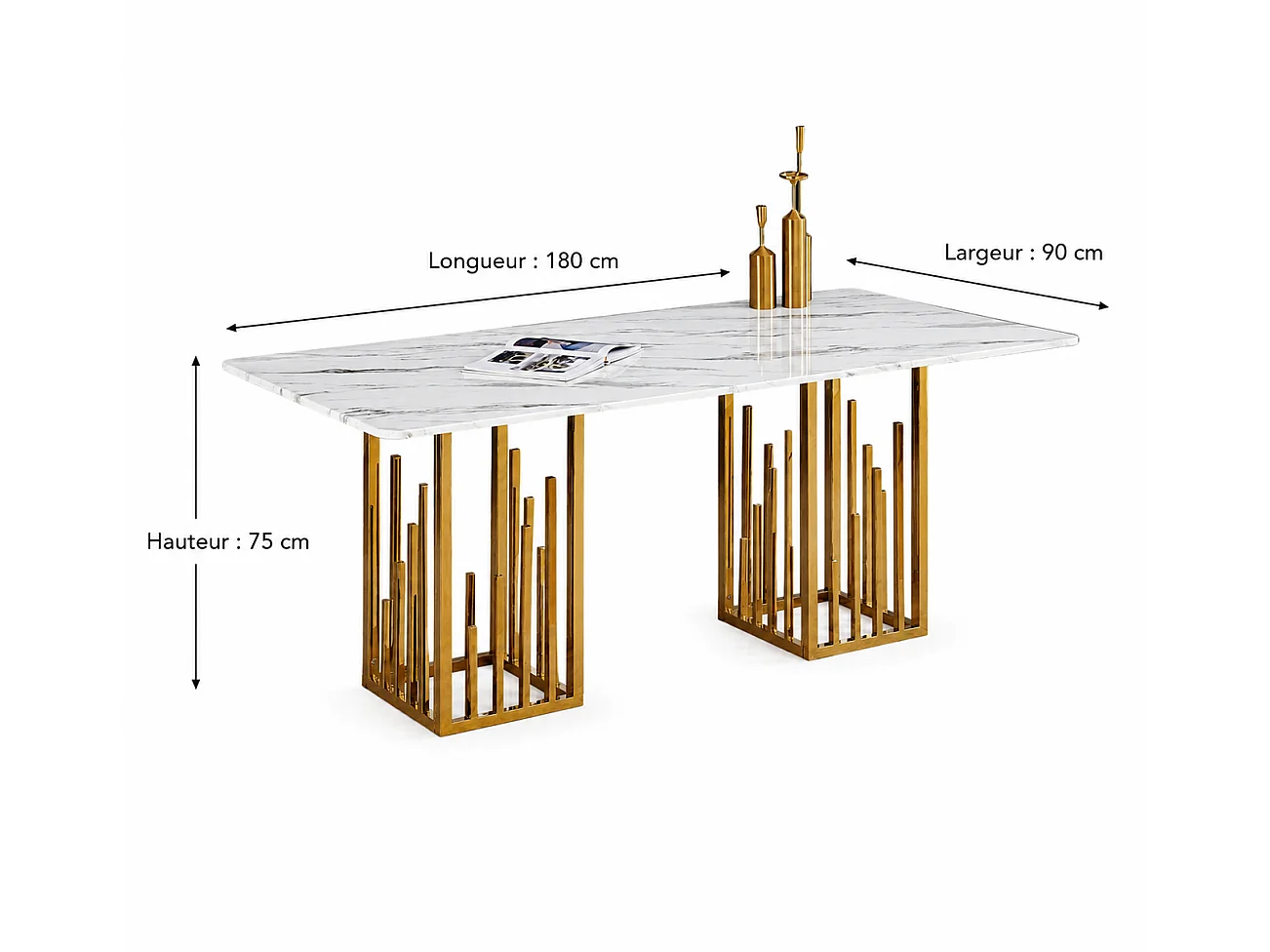 Table à Manger STALAX – Pied Gold & Pierre Marbre Blanc – 180x90x75 cm