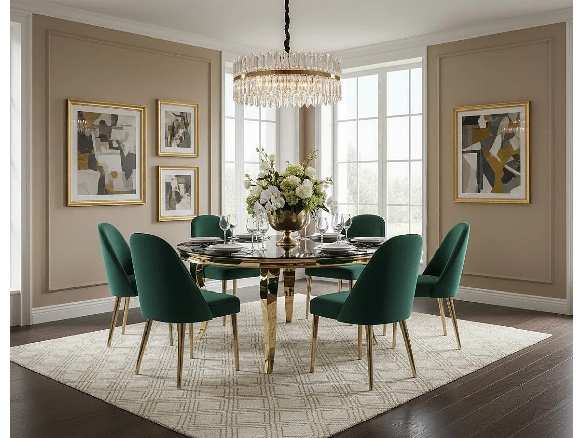 Table à manger Ronde BAROQUE Gold 130x75cm - Plateau Marbré Noir