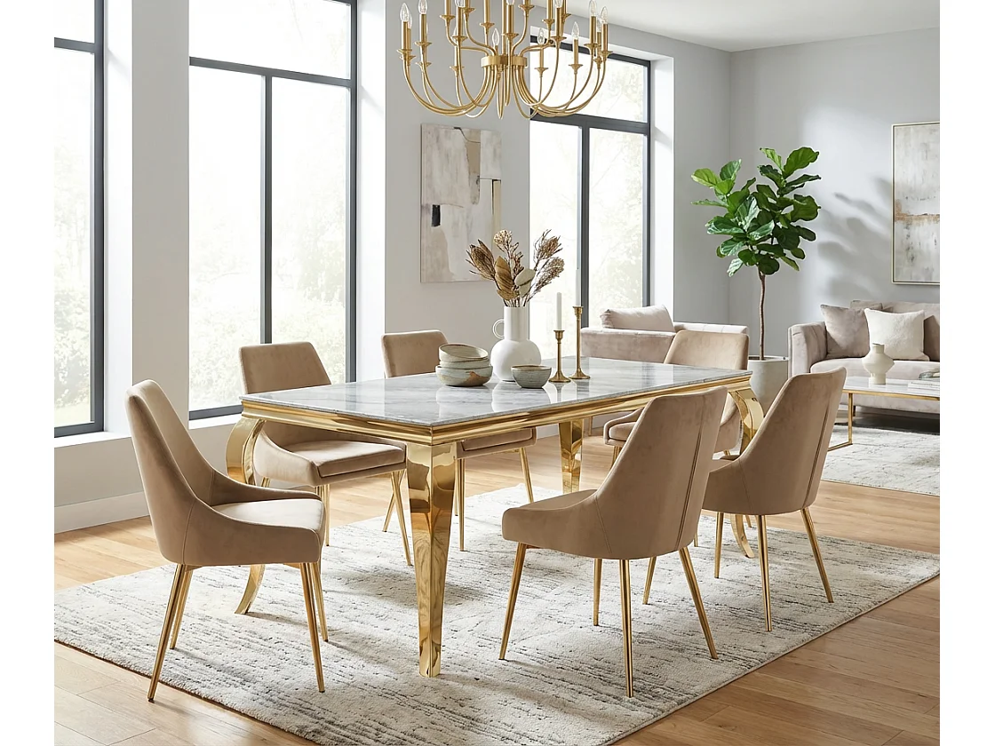 Table à manger verre marbré greige pieds acier doré 180x90 cm BAROQUE