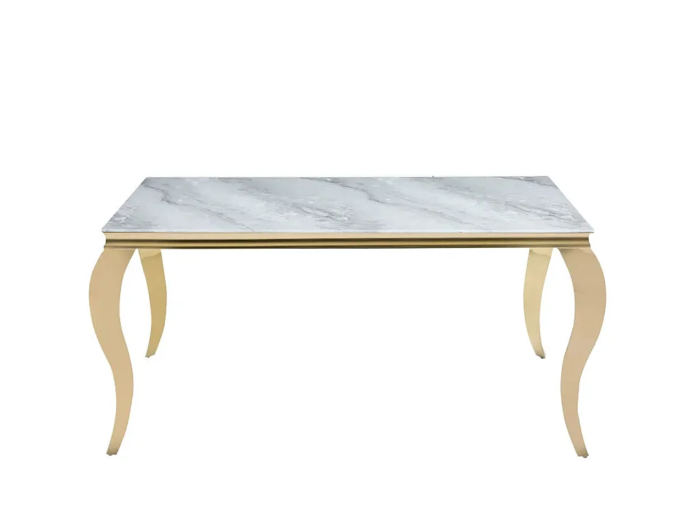 Table à manger verre marbré greige pieds acier doré 180x90 cm BAROQUE
